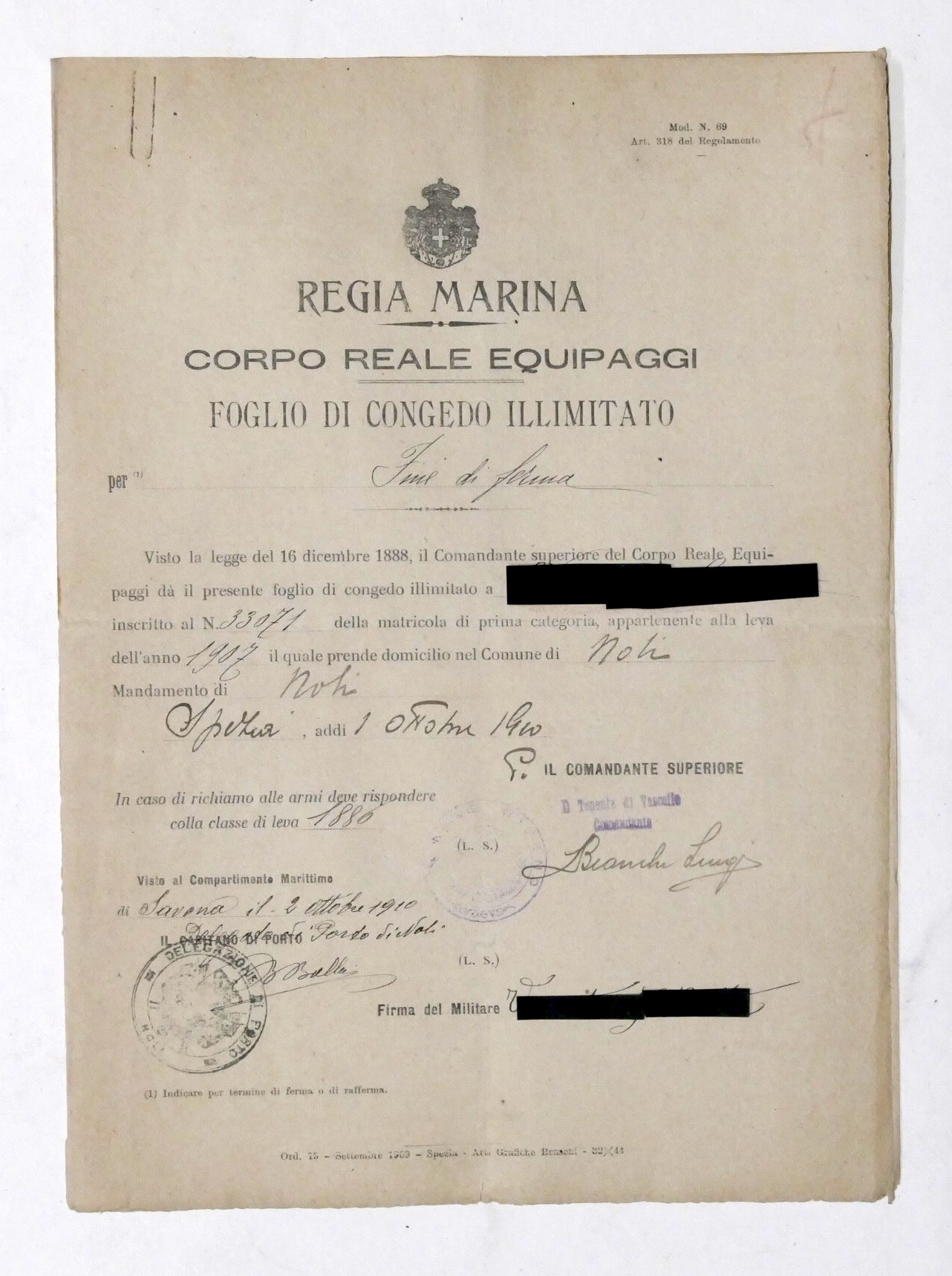 Regia Marina - Foglio di Congedo illimitato - La Spezia …