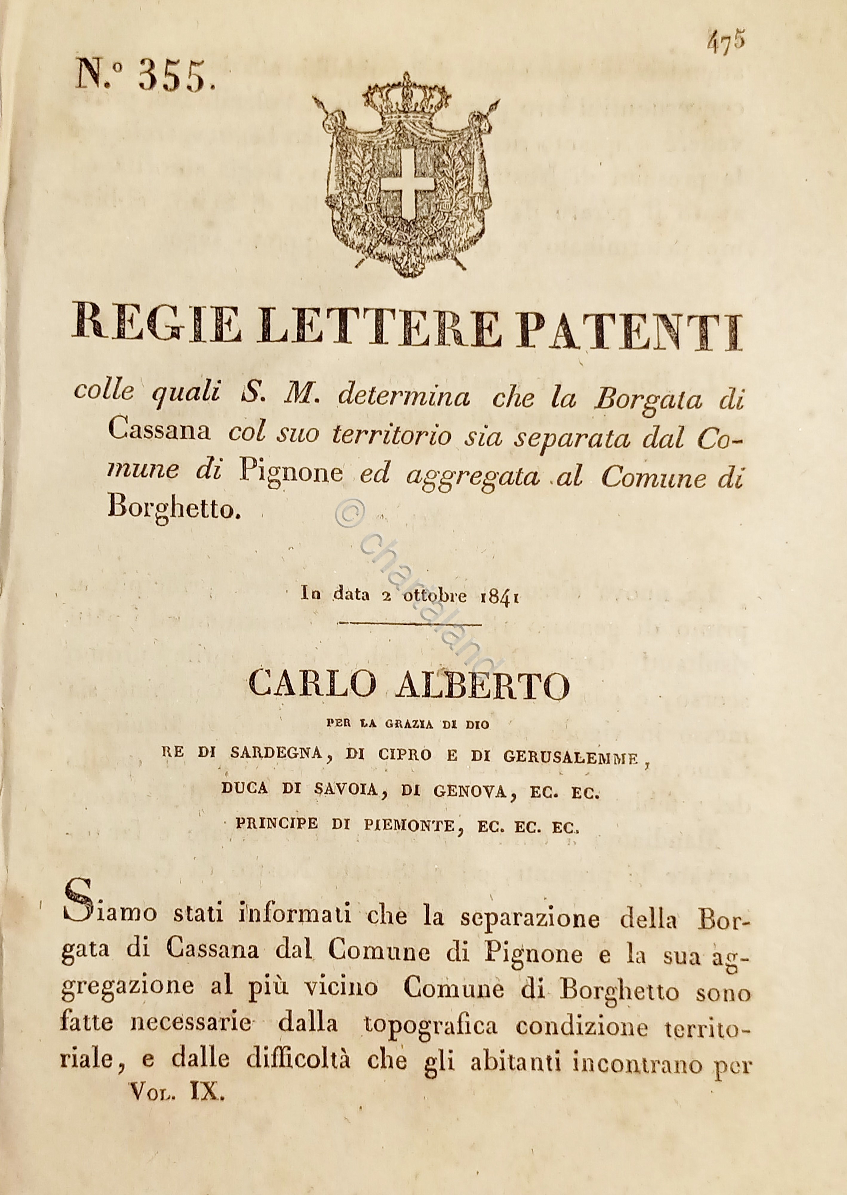 Regie Lette Patenti - Borgata di Cassana separata dal Comune …