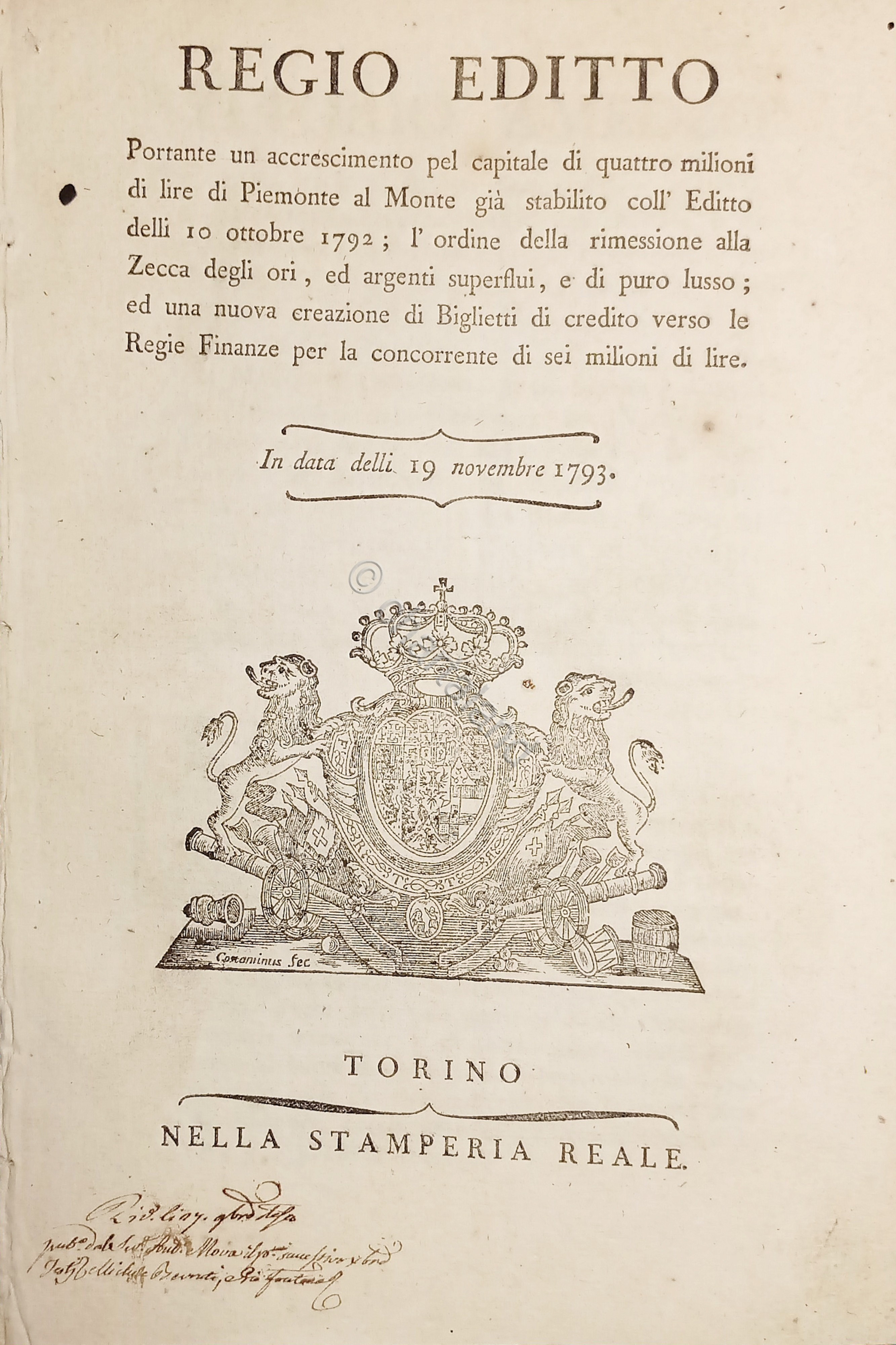Regio Editto accrescimento capitale 4 milioni lire di Piemonte al …
