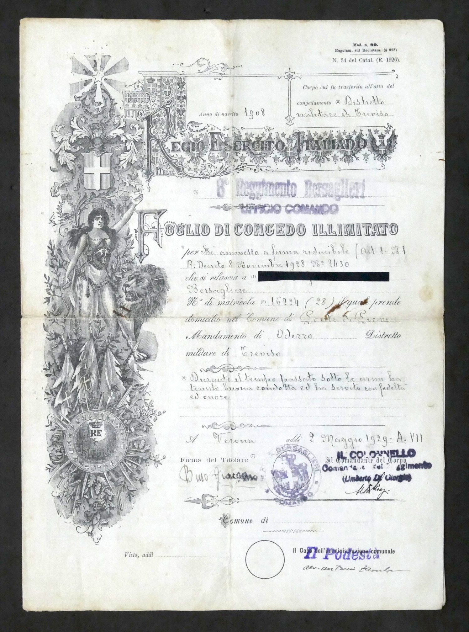 Regio Esercito Italiano - Congedo illimitato - Bersagliere - Verona …