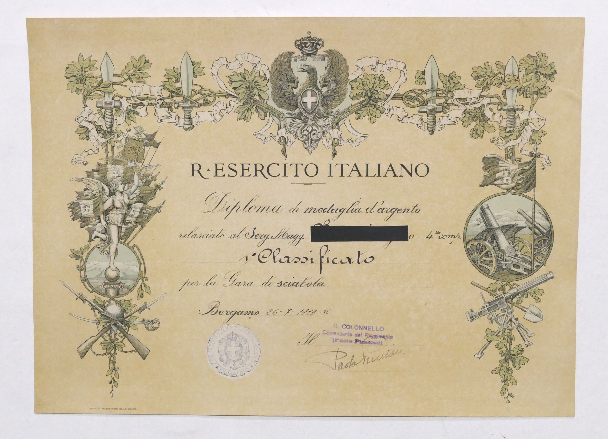 Regio Esercito Italiano - Diploma di medaglia d'argento - Gara …