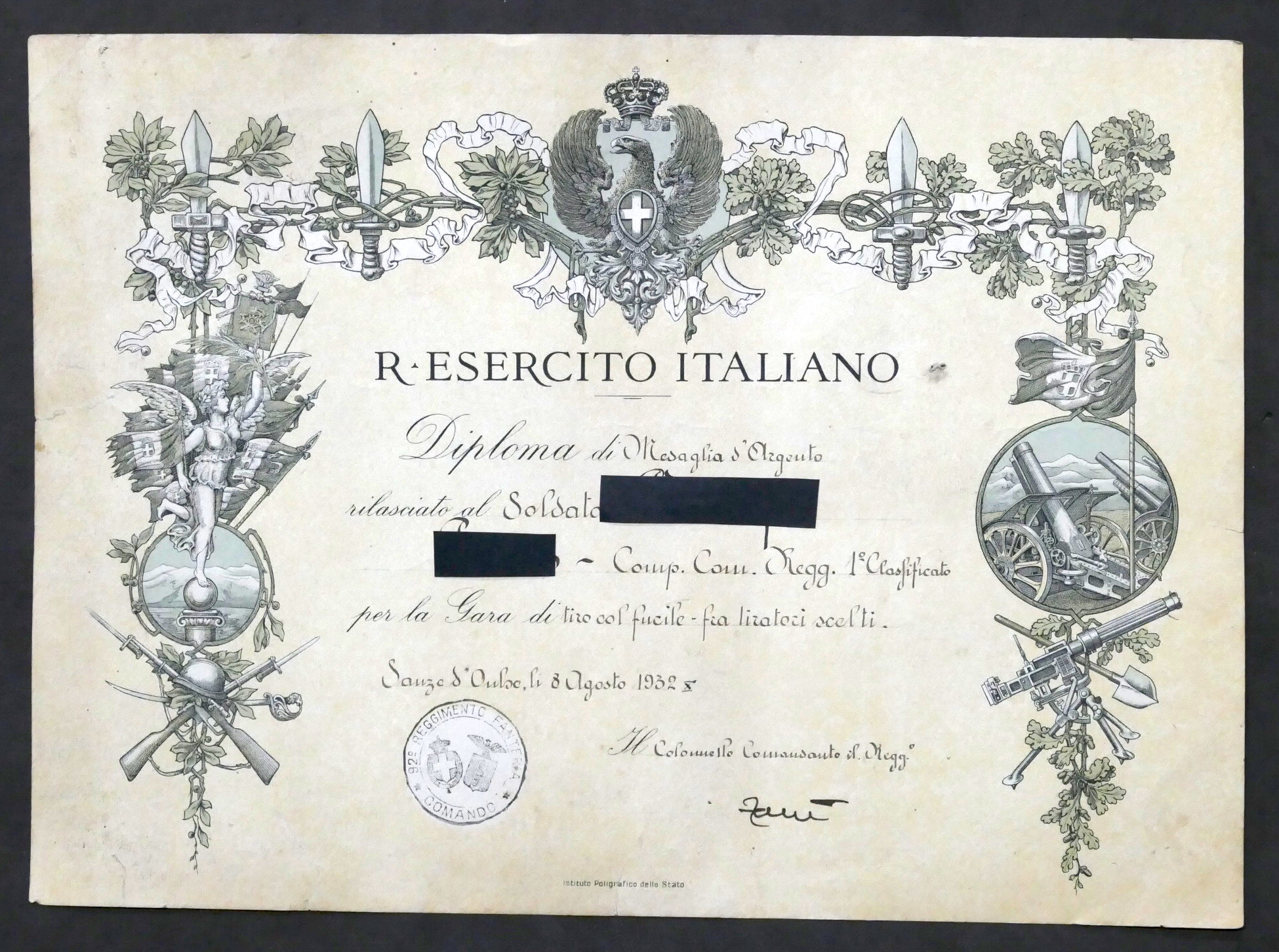 Regio Esercito Italiano - Diploma di Medaglia d'Argento gara fucile …