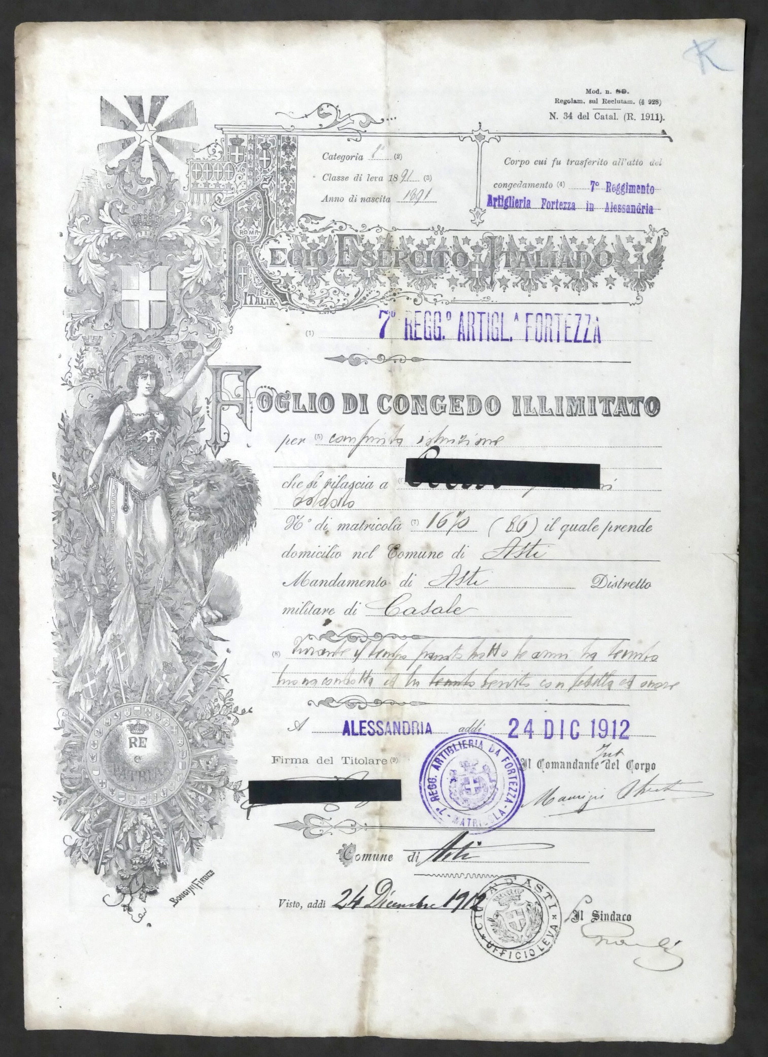 Regio Esercito Italiano - Foglio di Congedo illimitato - Comune …