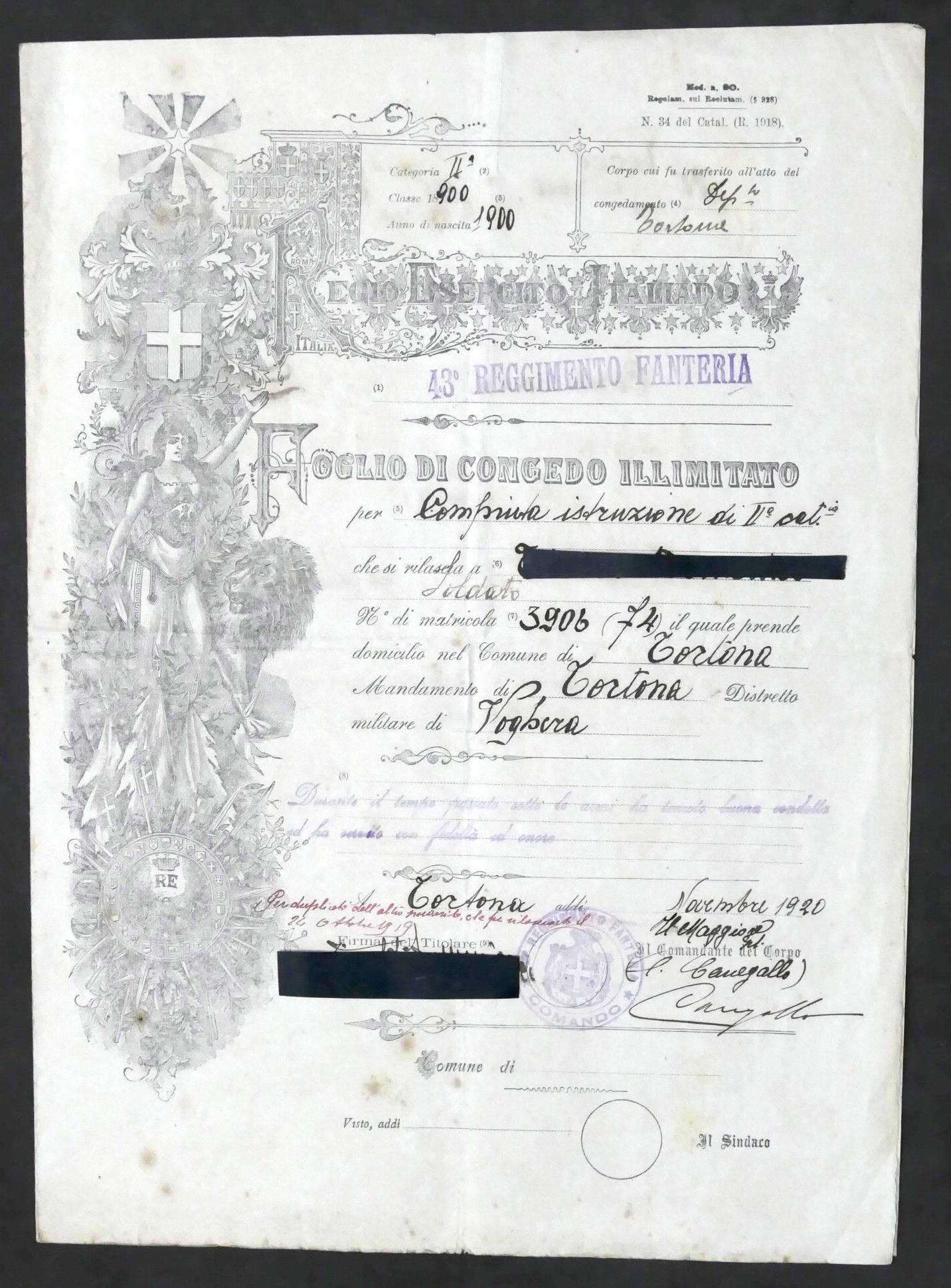 Regio Esercito Italiano - Foglio di Congedo illimitato - Tortona …