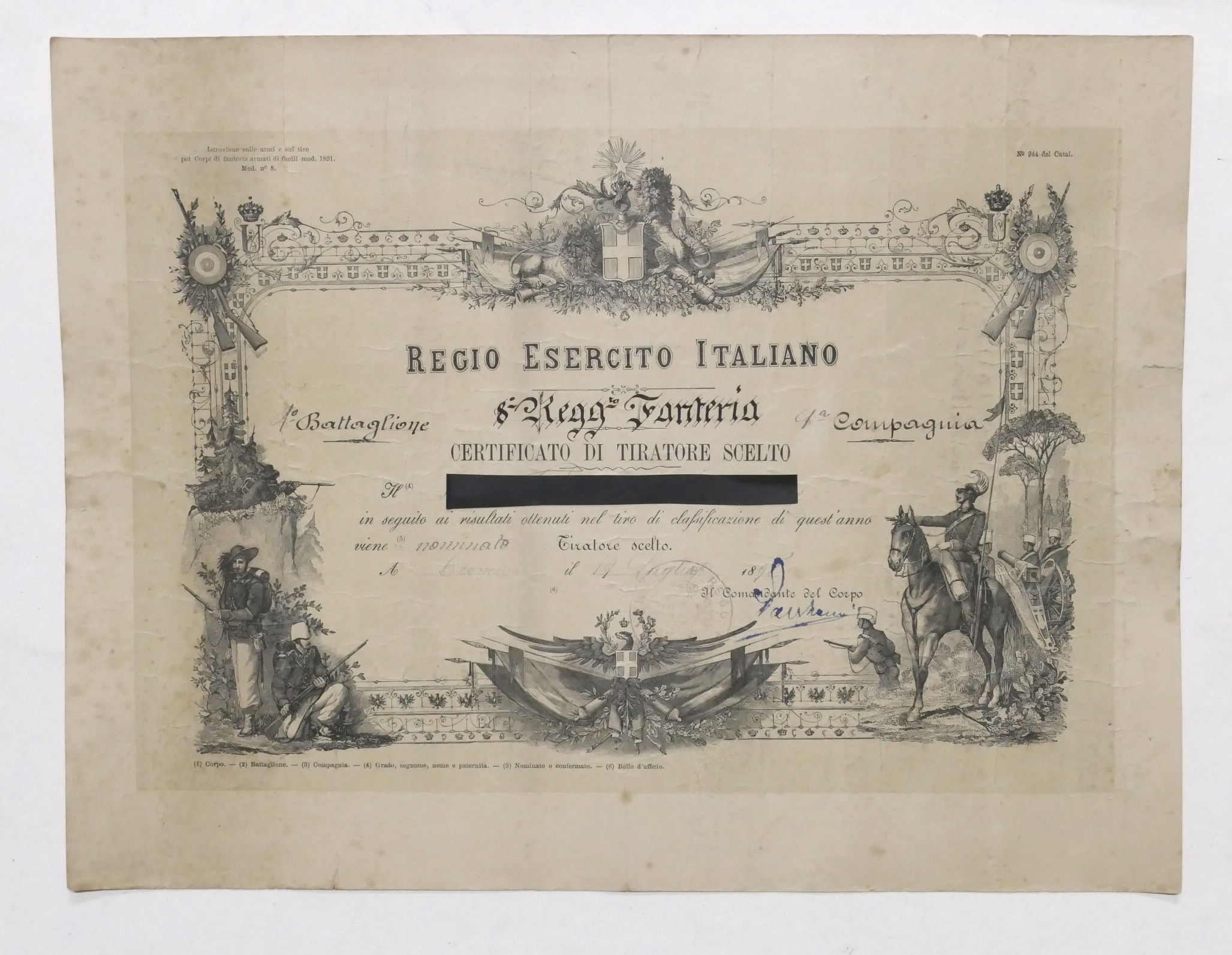 Regio Esercito Italiano 8° Rgt. Fanteria - Certificato di tiratore …