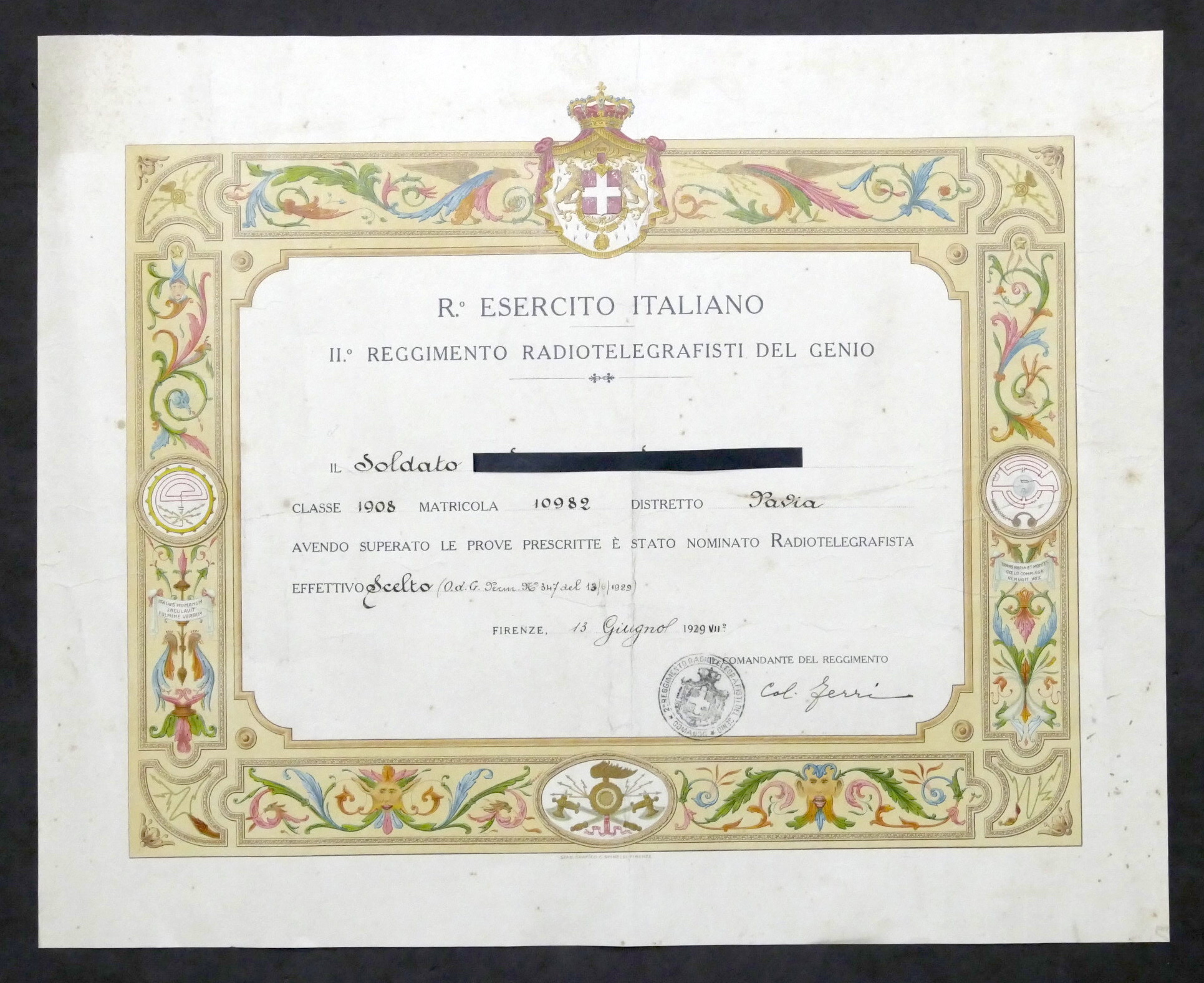 Regio Esercito Italiano Reggimento Radiotelegrafisti del Genio - Diploma - …