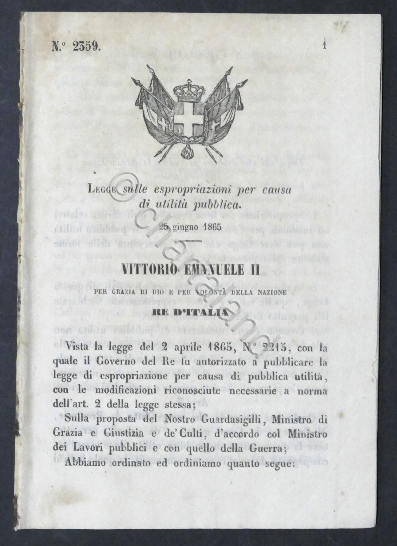 Regno d'Italia - Decreto N. 2359 - Legge espropriazioni utilità …