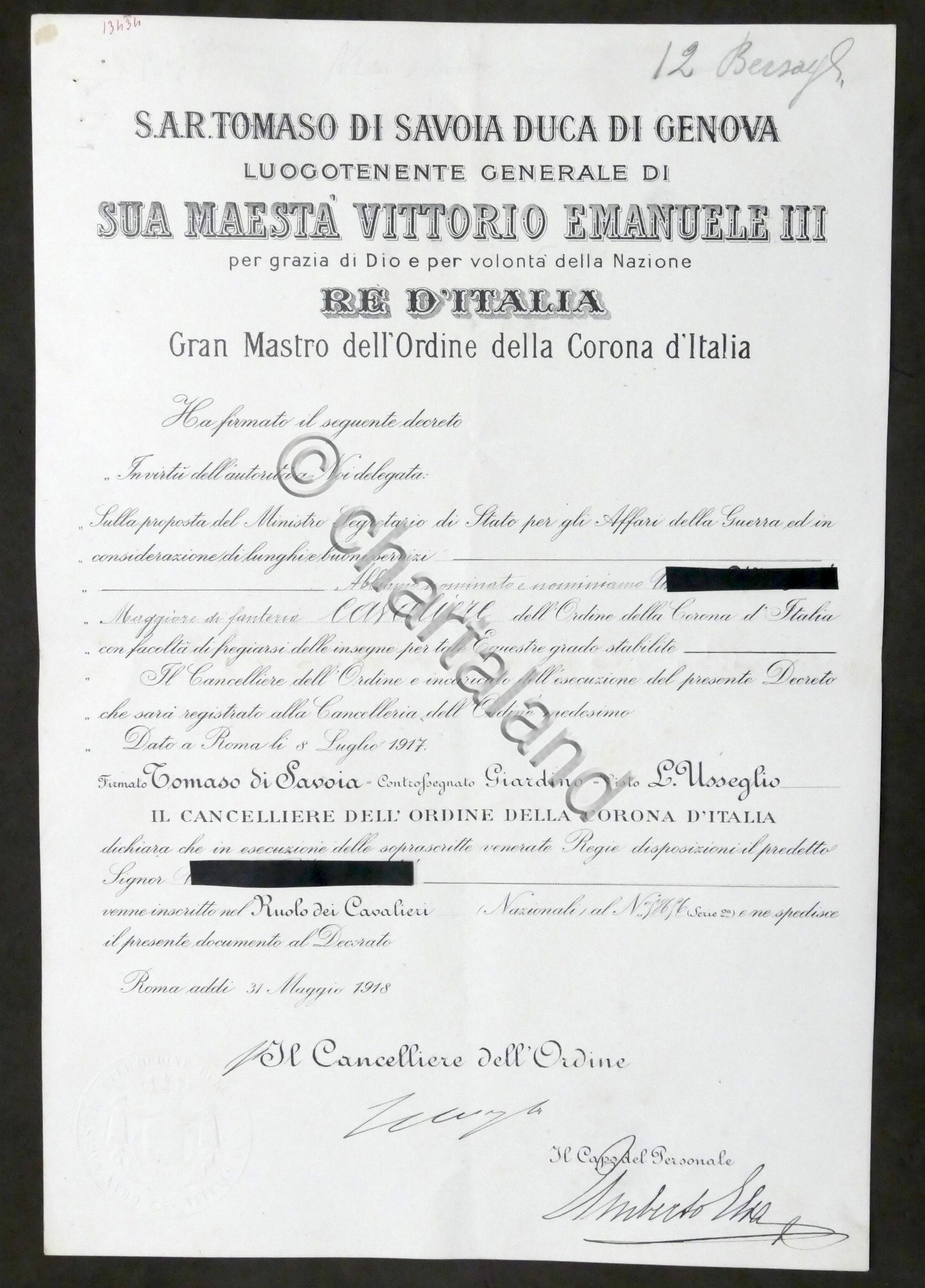 Regno d'Italia - Decreto nomina Cavaliere dell'Ordine della Corona d'Italia …