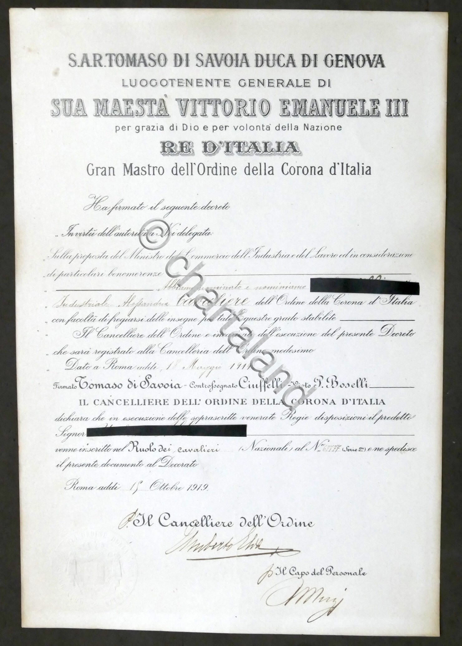 Regno d'Italia - Decreto nomina Cavaliere dell'Ordine della Corona d'Italia …