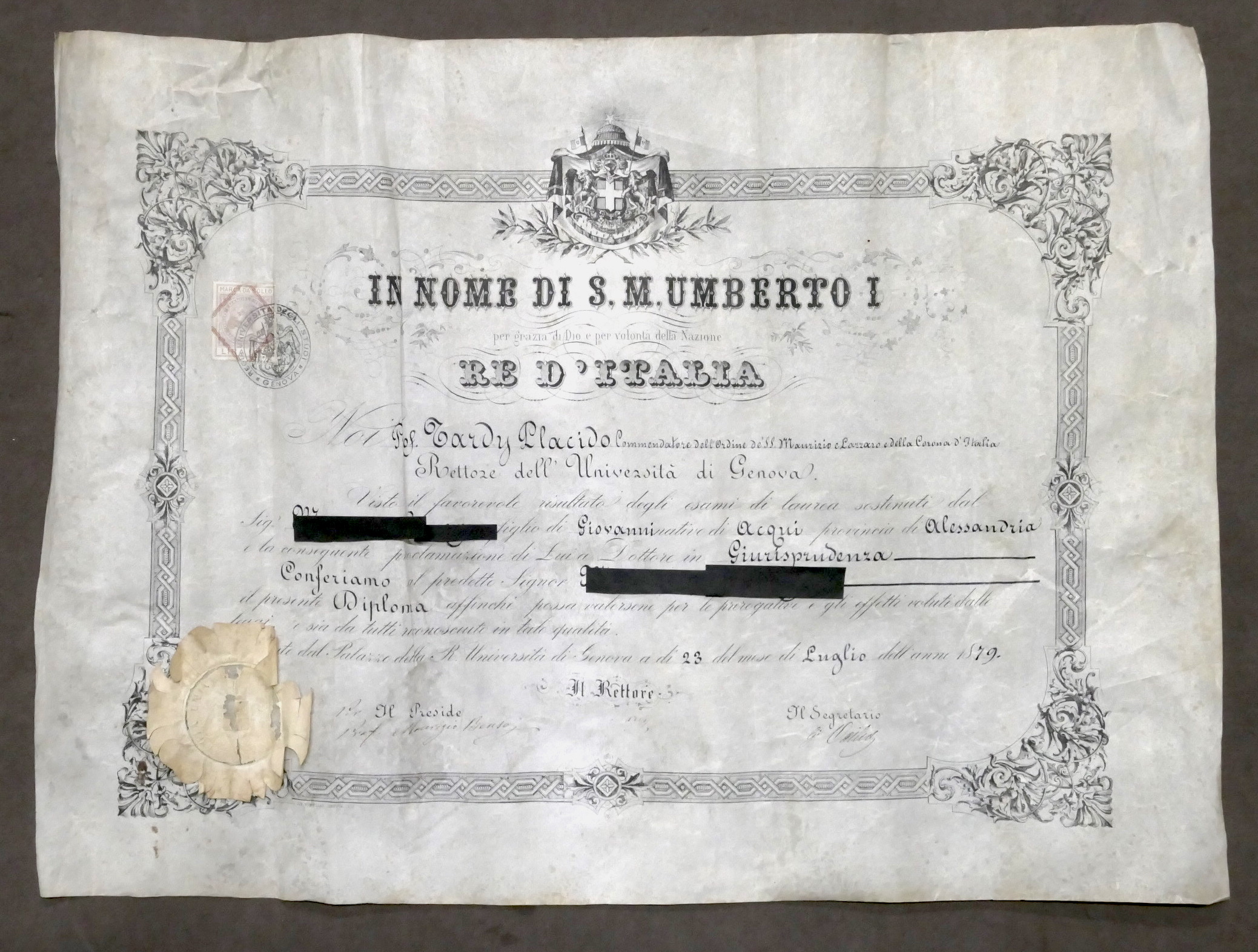 Regno d'Italia - Diploma di Laurea in Giurisprudenza - Università …