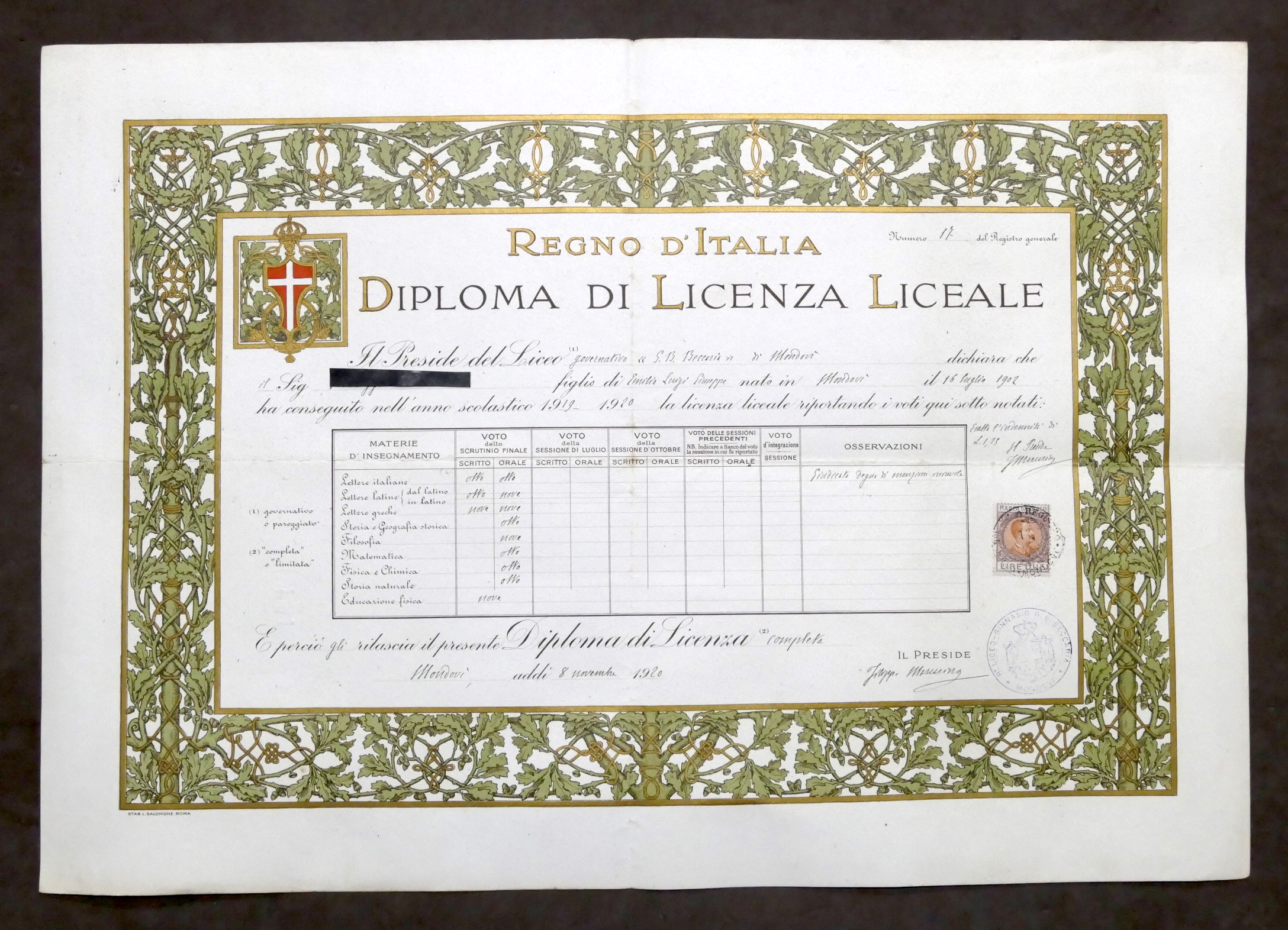 Regno d'Italia - Diploma di Licenza Liceale - Liceo Beccaria …