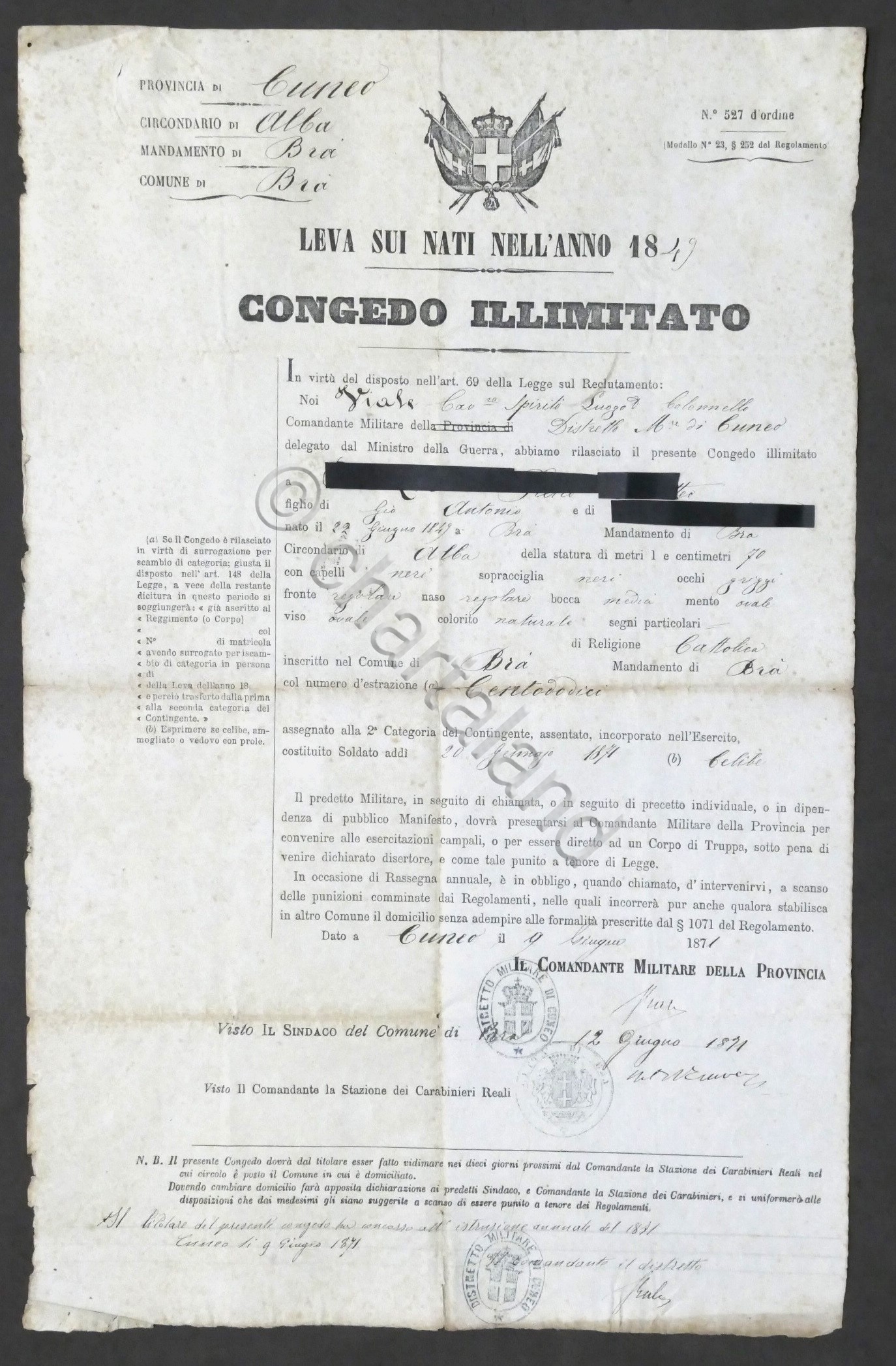 Regno d'Italia - Foglio di Congedo Illimitato - Distretto di …