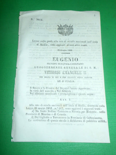 Regno d' Italia - Legge sulla Rete Stradale della Sicilia …