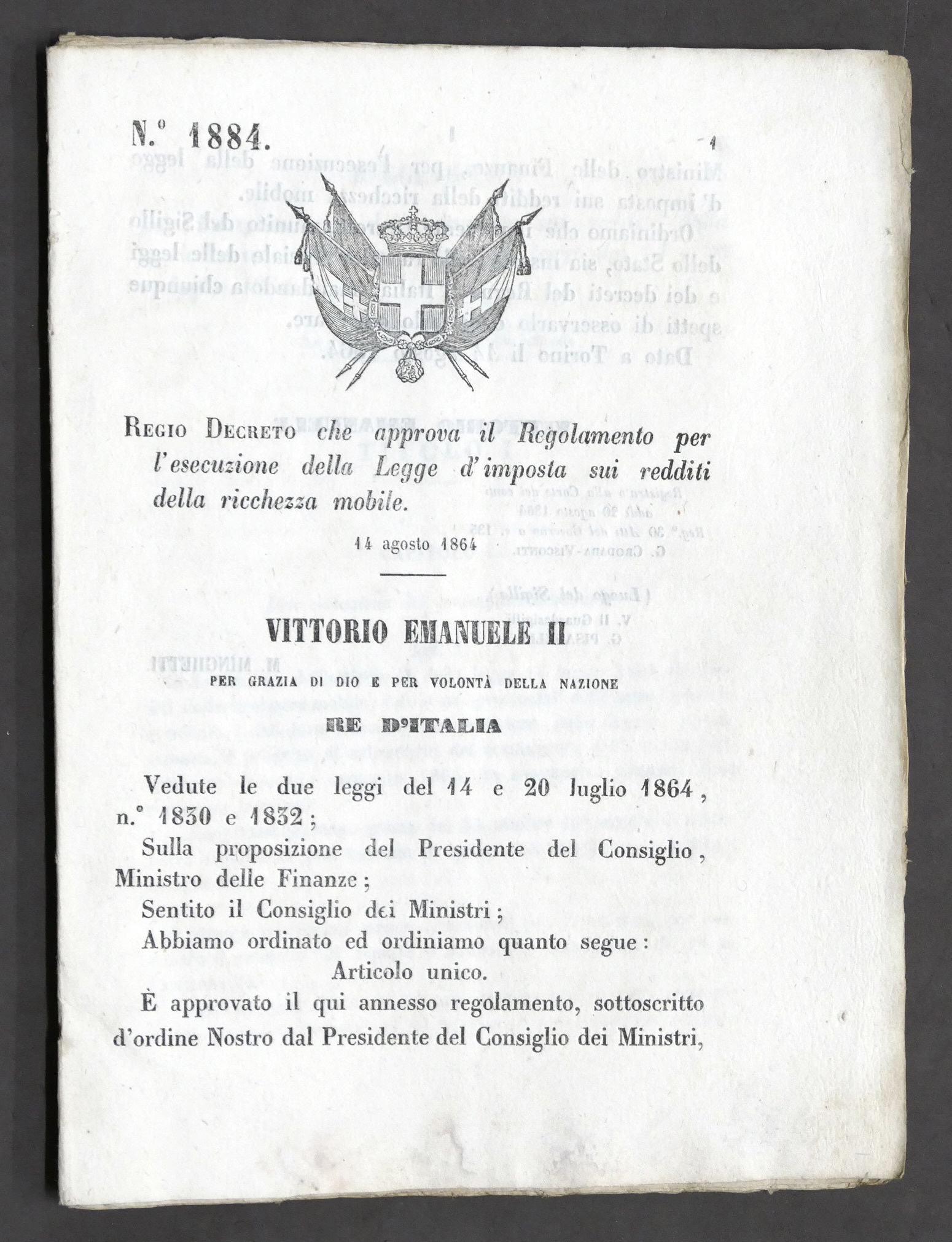Regno d'Italia - Regio Decreto Regolamento esecuzione Legge d'imposta 1864