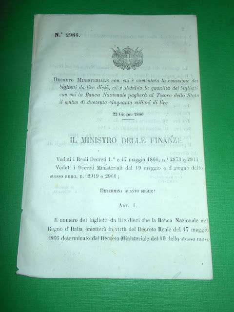 Regno d'Italia Decreto Ministeriale Emissioni Biglietti Banca Nazionale 1866