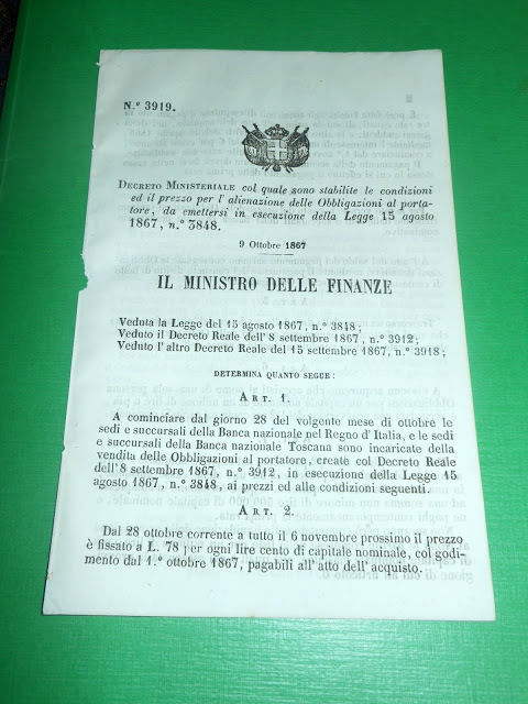 Regno d' Italia Decreto Ministeriale Prezzo Obbligazioni al Portatore 1867