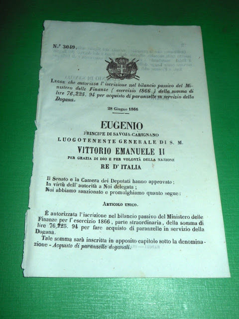 Regno d' Italia Legge Acquisto Paranzelle in Servizio della Dogana …