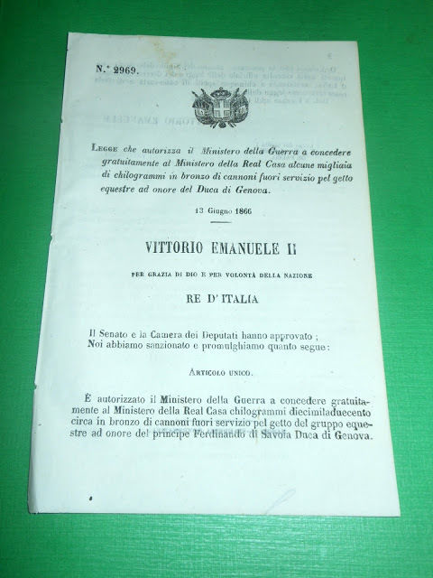 Regno d' Italia Legge Concessione Cannoni ad Onore del Duca …