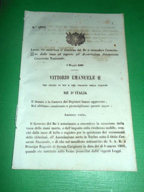 Regno d'Italia Legge Esenzione Tasse Consorzio Nazionale 1866