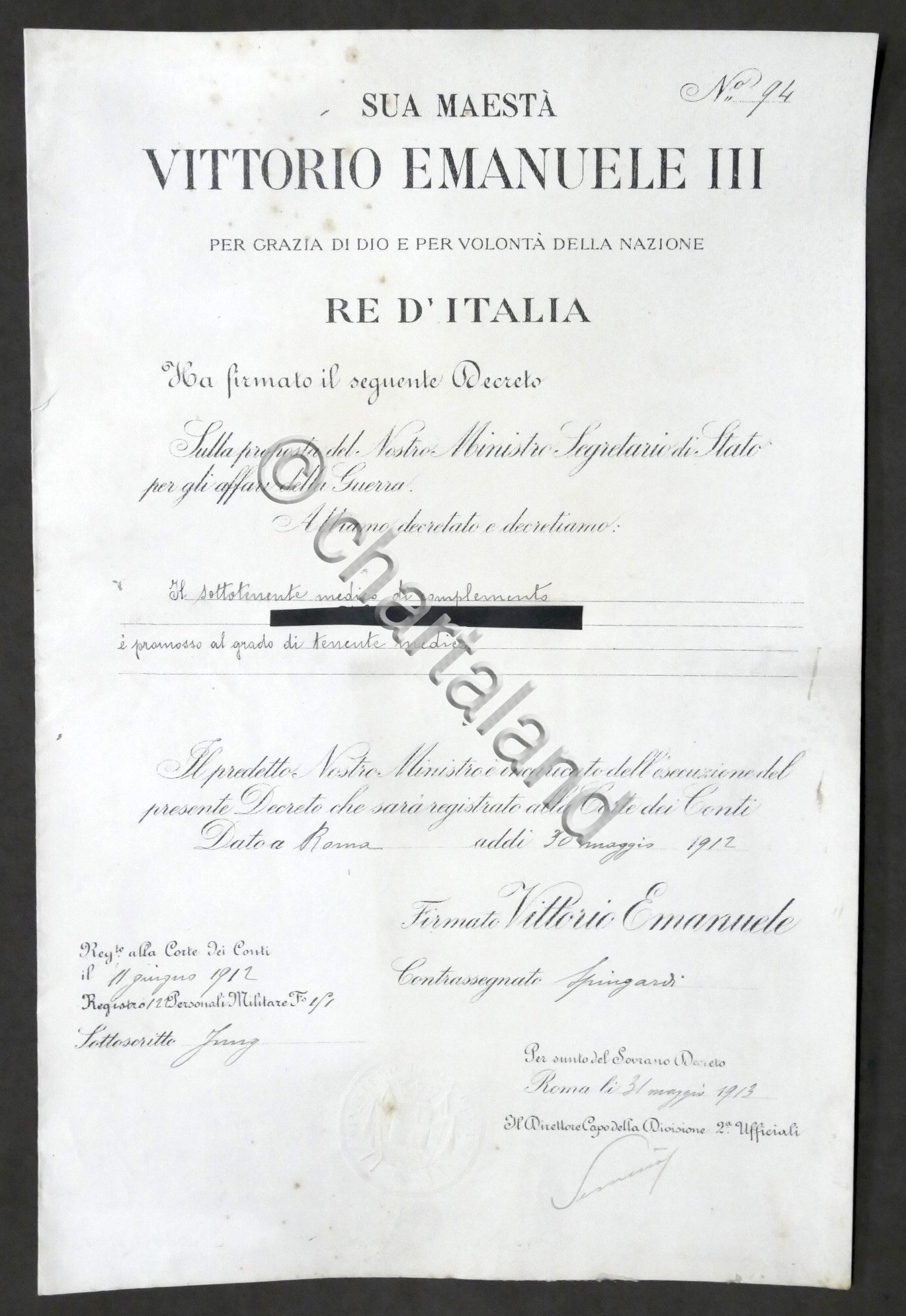 Regno d'Italia Militaria Decreto di promozione al grado di Tenente …