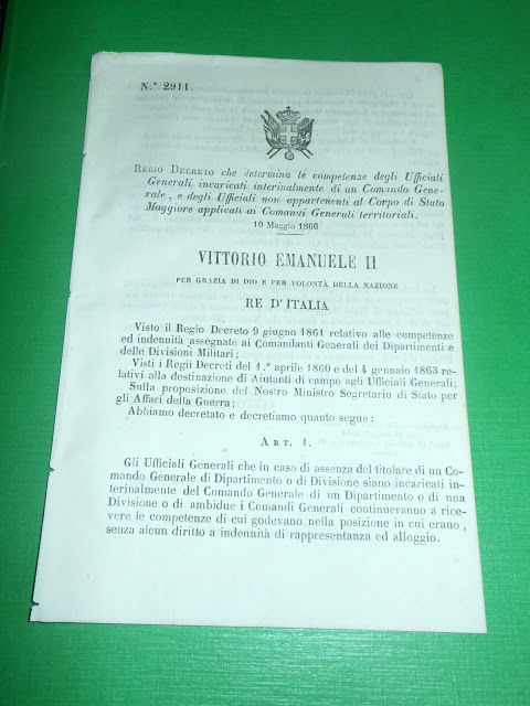 Regno d' Italia Reggio Decreto Competenze degli Ufficiali Generali 1866