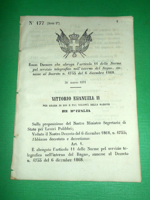 Regno d'Italia Regio Decreto Abrogazione Norme Servizio Telegrafico 1871