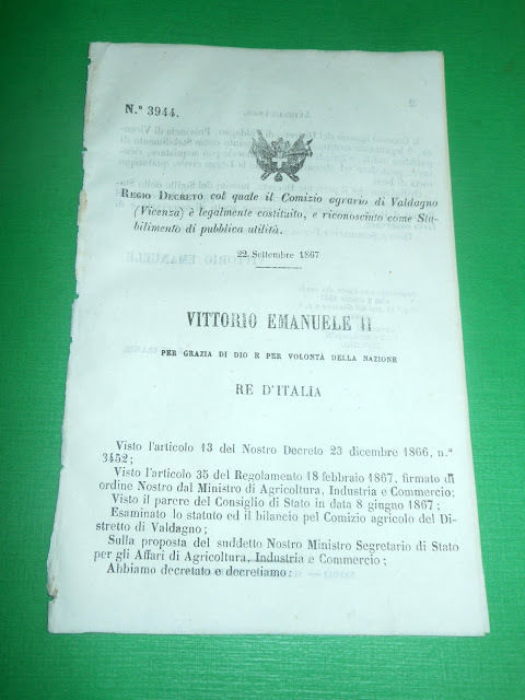 Regno d'Italia Regio Decreto Comizio Agrario Valdagno Stabilimento Pubblico 1867