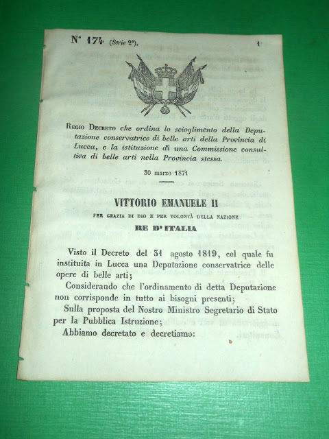 Regno d'Italia Regio Decreto Commissione Consultiva Belle Arti Lucca 1871