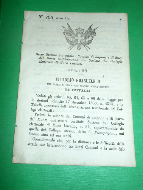 Regno d' Italia Regio Decreto Comuni Rapone - Ruvo del …