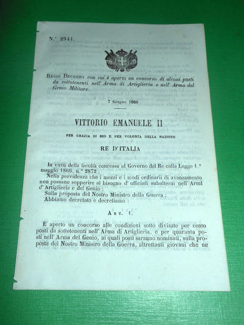 Regno d'Italia Regio Decreto Concorso Posti Sottotenenti Artiglieria Genio 1866