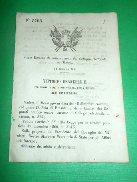Regno d'Italia Regio Decreto Convocazione Collegio Elettorale di Tirano 1869