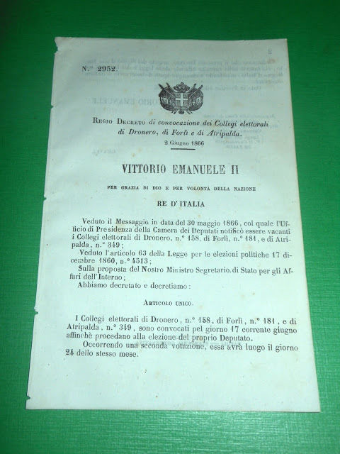 Regno d'Italia Regio Decreto Convocazione Collegio Elettorale Dronero Forlì 1866