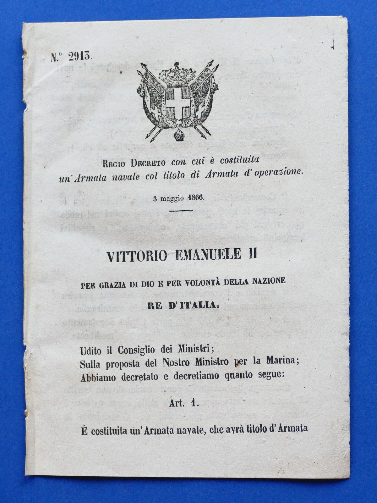 Regno d'Italia Regio Decreto costituzione Armata Navale d' operazione 1866
