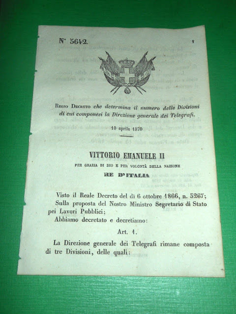 Regno d' Italia Regio Decreto Divisioni Direzione Generale dei Telegrafi …