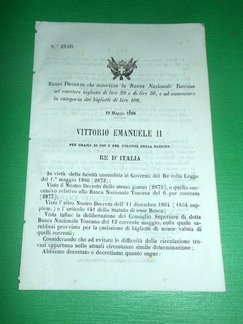 Regno d'Italia Regio Decreto Emissione Biglietti Banca Nazionale Toscana 1866