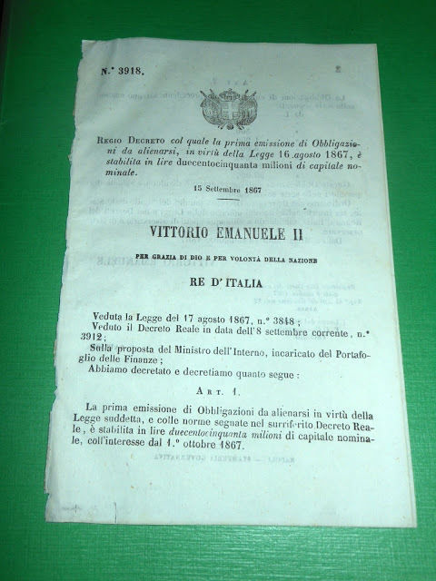 Regno d' Italia Regio Decreto Emissione di Obbligazioni da alienarsi …