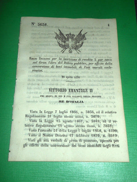 Regno d' Italia Regio Decreto Iscrizione Rendite Enti Ecclesiastici 1870