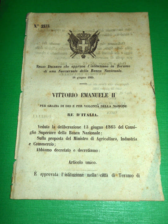 Regno d' Italia Regio Decreto Istituzione Succursale Banca Nazionale Teramo …