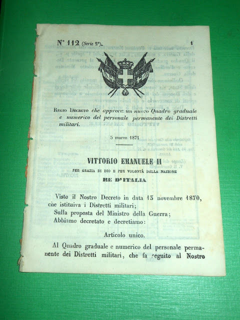 Regno d'Italia Regio Decreto Quadro Personale Permanente Distretti Militari 1871