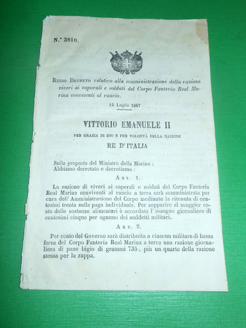 Regno d'Italia Regio Decreto Razione Viveri Soldati Fanteria Real Marina …