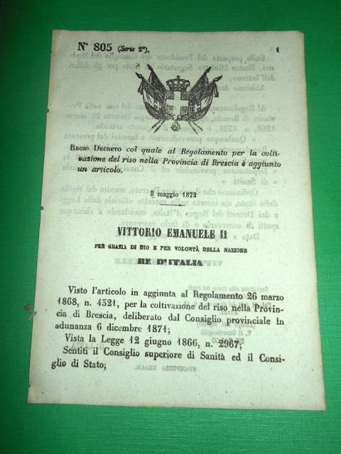Regno d' Italia Regio Decreto Regolamento Coltivazione Riso Brescia 1872