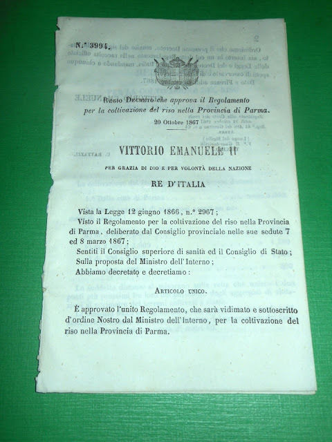Regno d' Italia Regio Decreto Regolamento Coltivazione Riso Prov. di …
