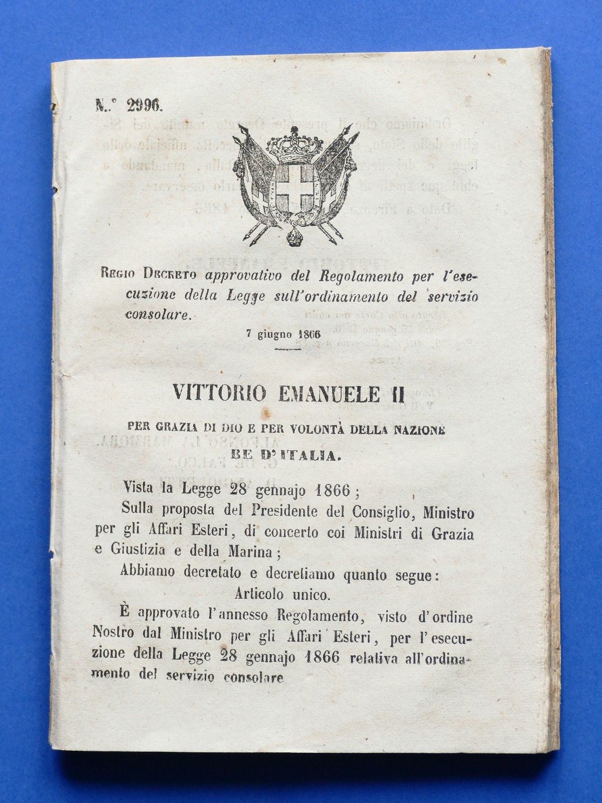 Regno d'Italia Regio Decreto Regolamento Legge ordinamento Consolare 1866