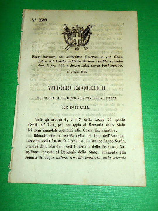 Regno d' Italia Regio Decreto Rendita Consolidata x la Cassa …