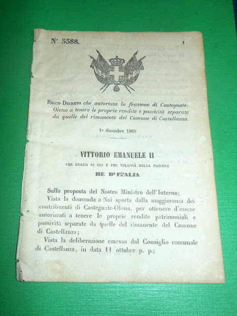 Regno d'Italia Regio Decreto Rendite Frazione Castegnate Olona 1869