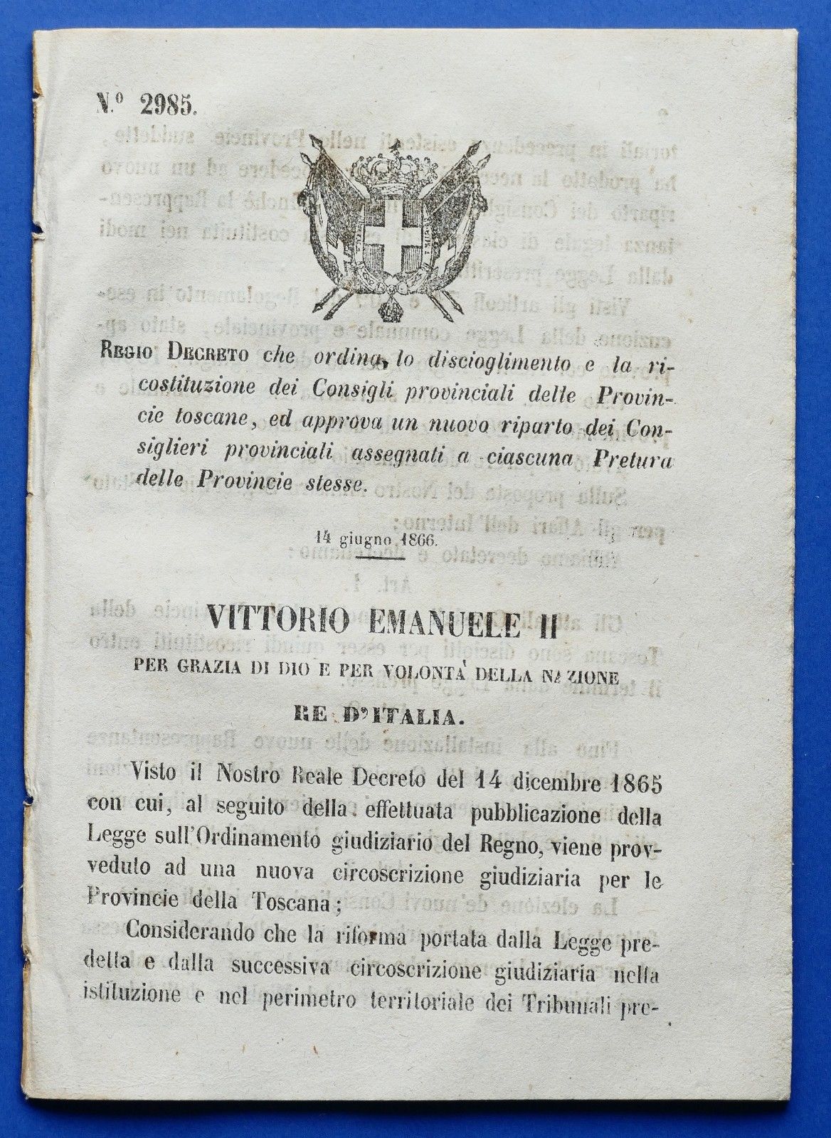 Regno d'Italia Regio Decreto Ricostituzione Consigli Province toscane 1866