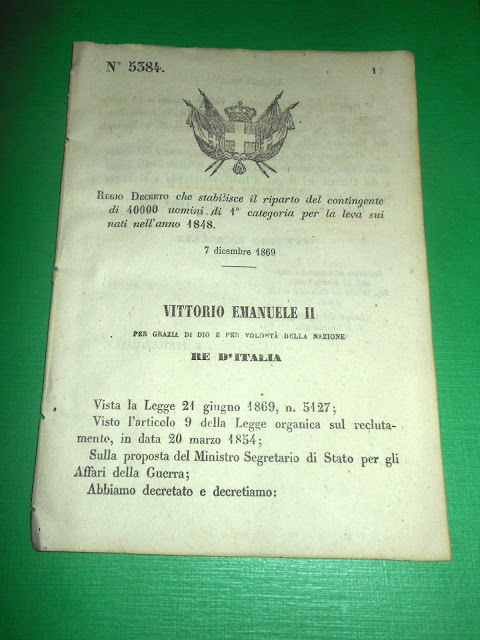 Regno d'Italia Regio Decreto Riparto Contingente di Leva Nati nel …