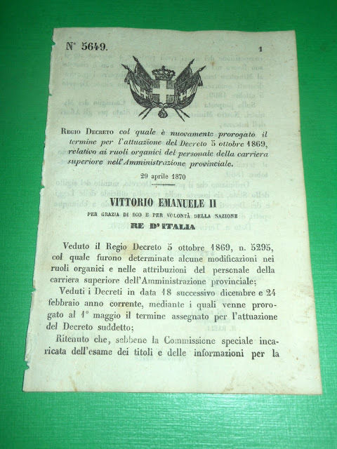 Regno d' Italia Regio Decreto Ruolo Personale Amministrazione Provinciale 1870