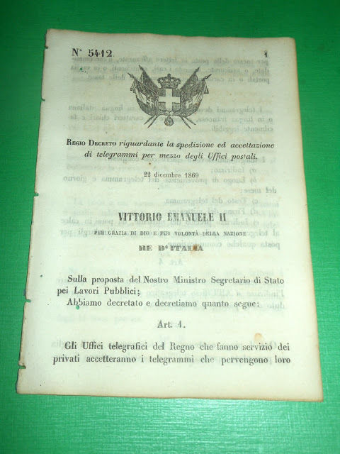 Regno d' Italia Regio Decreto Spedizione di Telegrammi Uffici Postali …