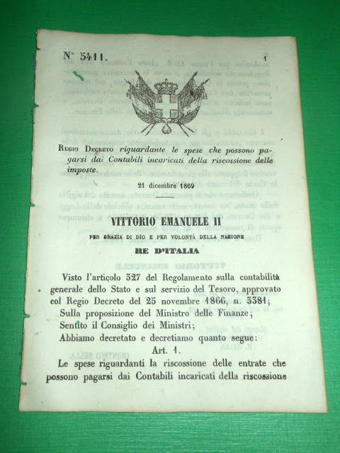 Regno d' Italia Regio Decreto Spese Contabili Riscossione Imposte 1869